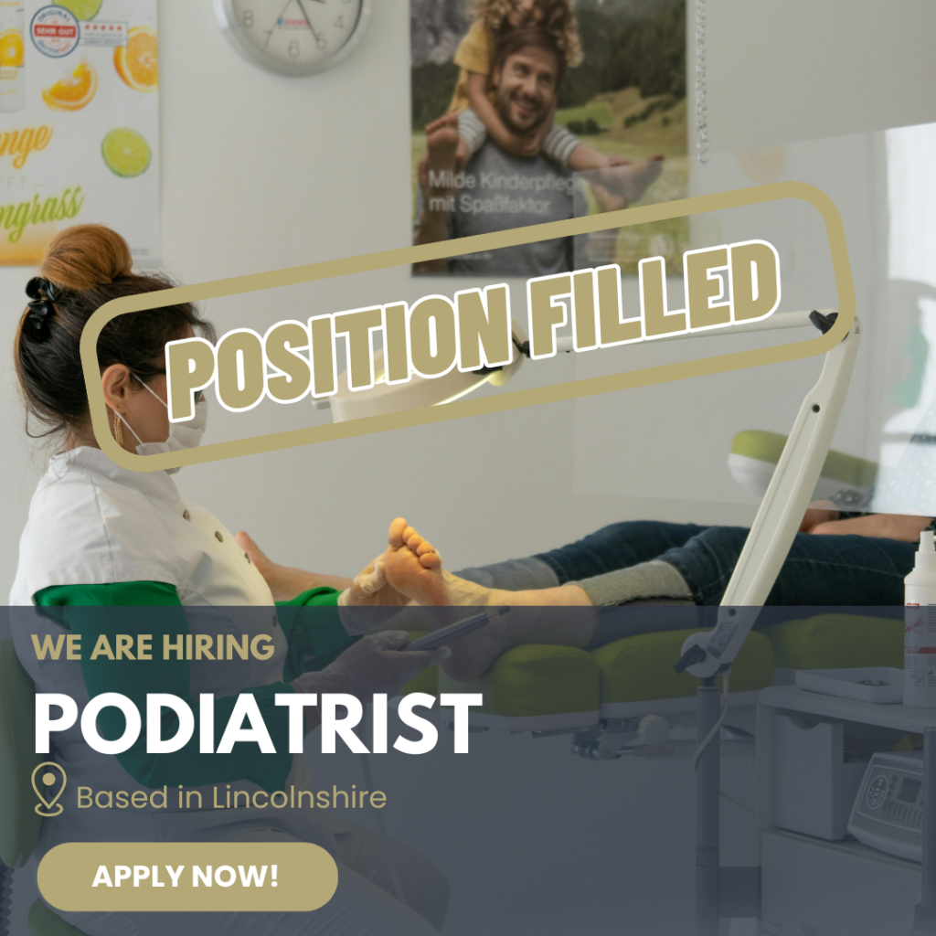 Position Filled" stamp overlay on a job advertisement for a Podiatrist in Lincolnshire, indicating the vacancy has been successfully filled by Podiatry Business Central.