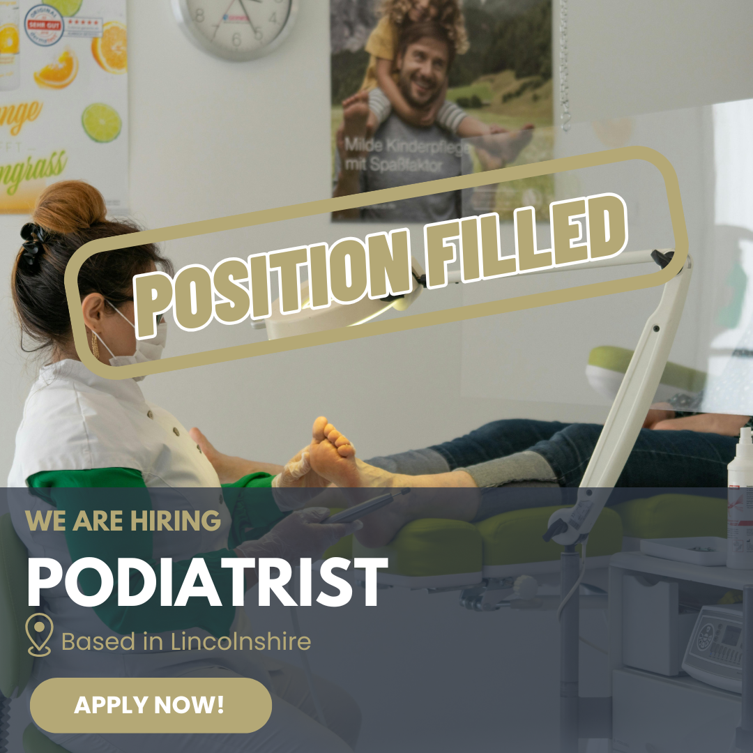 Position Filled" stamp overlay on a job advertisement for a Podiatrist in Lincolnshire, indicating the vacancy has been successfully filled by Podiatry Business Central.